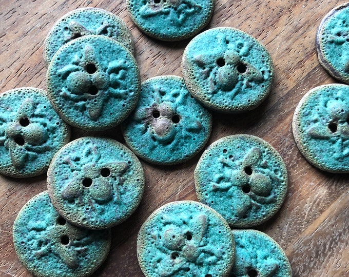 Copper Patina Bee Artisan Button- Bee button-handmade button-pottery button-ceramic button-knitting button-turquoise button-copper button