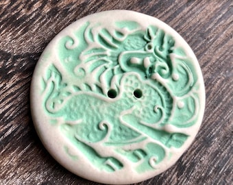 Turquoise Porcelain Dragon Button-Artisan Button-Ceramic Button-Handmade button-green button-statement button-dragon button-porcelain button