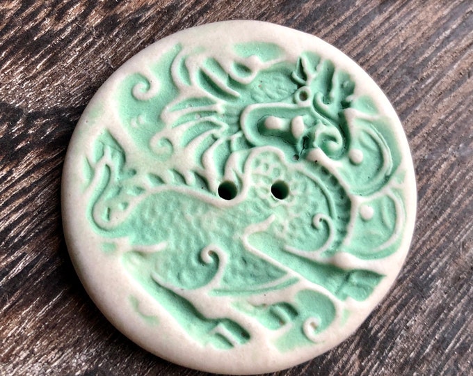 Turquoise Porcelain Dragon Button-Artisan Button-Ceramic Button-Handmade button-green button-statement button-dragon button-porcelain button