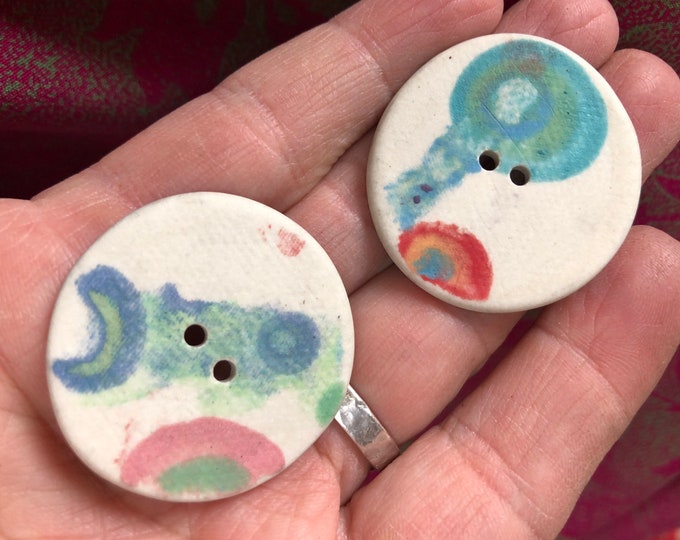 Funky Spots -Set of 2  Handpainted Porcelain Buttons-Artisan Buttons- turquoise buttons-ceramic buttons