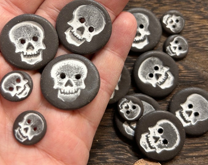 Black Skull Two-Hole Buttons-artisan buttons-skull art-ceramic button-pottery buttons-steampunk buttons-biker gift-Skull art-shirt Buttons