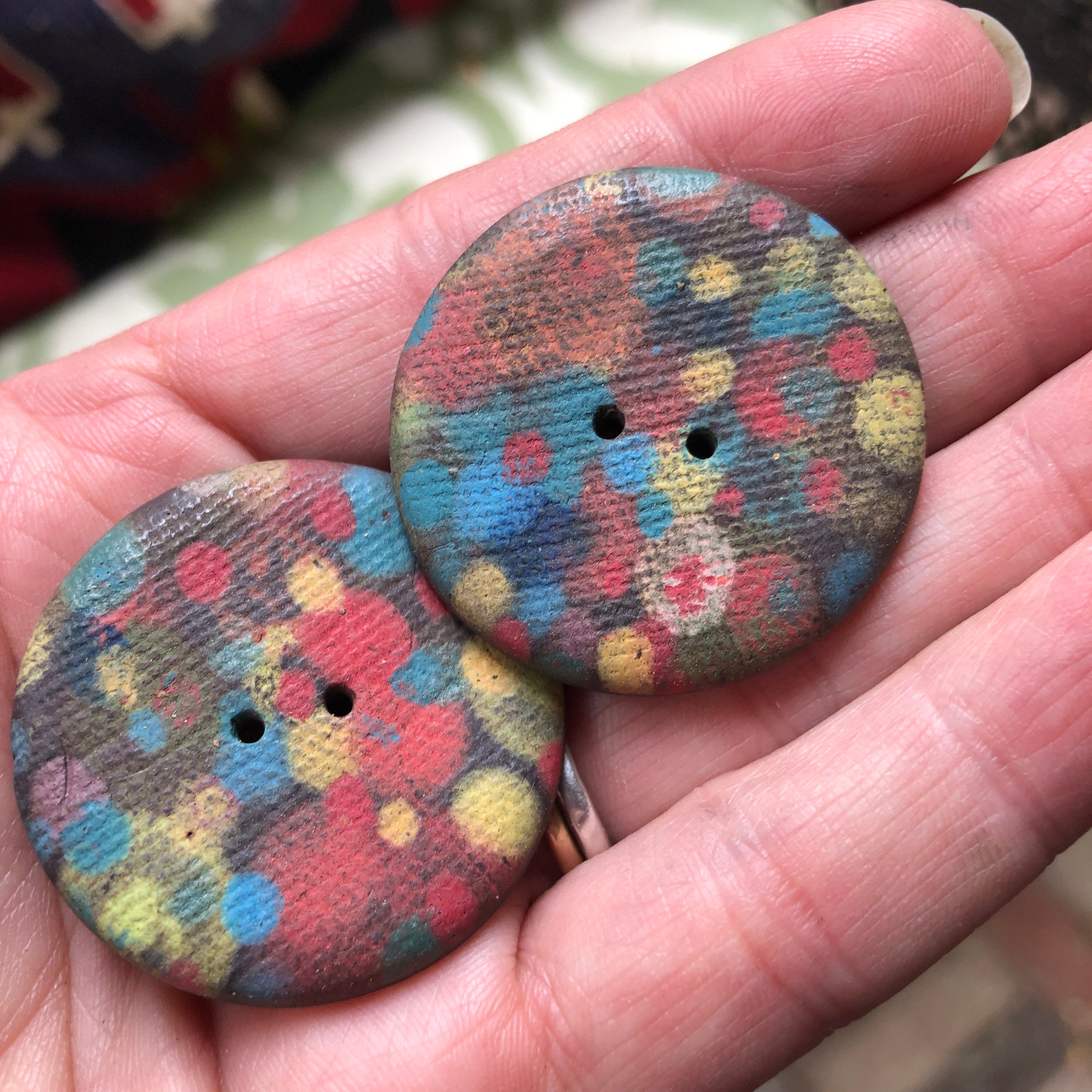 Reflections Pair of Large Hand Painted Buttons Ceramic Buttons