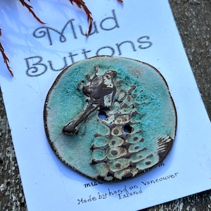 May include: A ceramic button with a seahorse design. The seahorse is brown and white with a turquoise background. The button is handmade on Vancouver Island.
