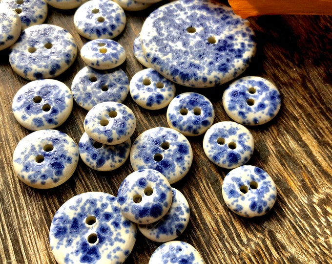 Charm Splatterware Buttons-Handmade Porcelain buttons-blue spatterware-Blue and White artisan buttons-country buttons