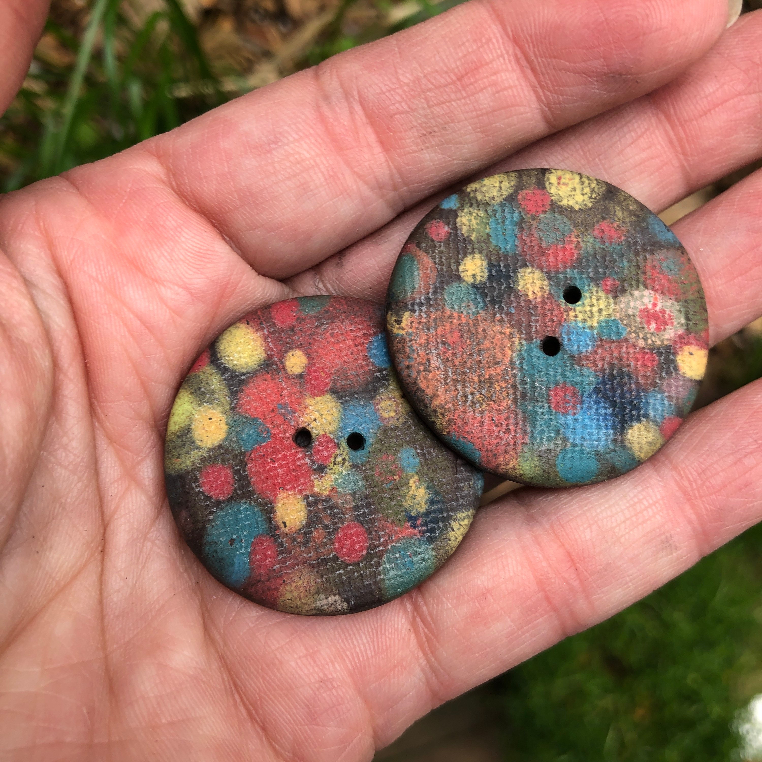 Reflections Pair of Large Hand Painted Buttons Ceramic Buttons