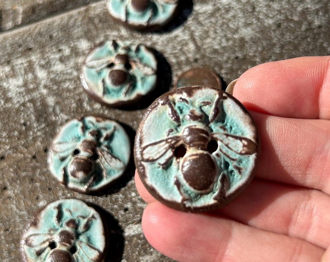 Ancient Bee Artisan Button- Bee button-handmade button-pottery button-ceramic button-knitting button-turquoise button-copper button-bee art