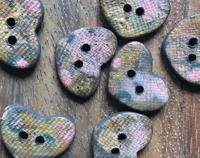 Nora Handpainted Artisan Pottery Heart Buttons-Handpainted buttons-heart shaped buttons-pink buttons-pink hearts-pink baby buttons-