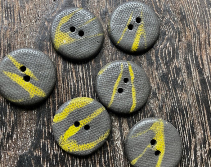 6 Sonnet Artisan Buttons- Set of 6 Natural Black Clay Buttons-Handpainted Ceramic buttons-pottery button-handmade button-yellow black button