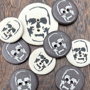 Skull Buttons-Artisan buttons-pottery skull notions-skull gift-steampunk buttons-goth buttons-biker buttons-shank buttons-skull sewing