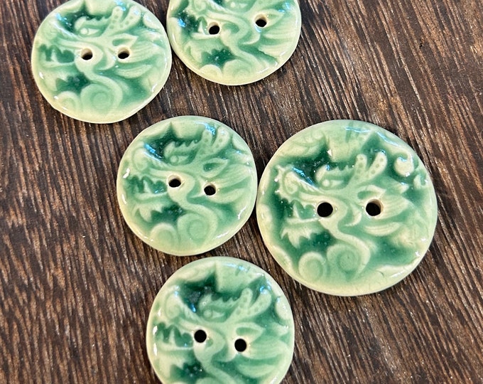 Green Dragon Porcelain Buttons-Artisan Buttons-Pottery Buttons-unique buttons-sewing notion-knitting notions-green  buttons-emerald buttons