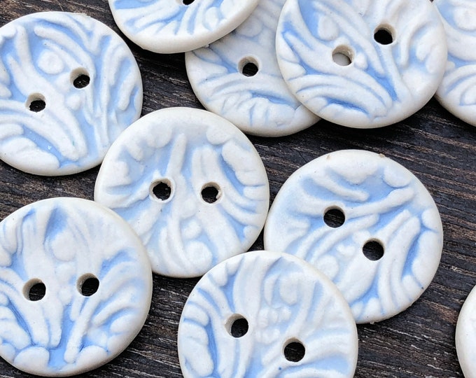 Periwinkle Embossed Porcelain Artisan Buttons-Pottery Buttons-Ceramic buttons-blue button sky blue button-light blue button