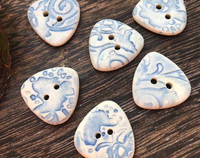 Set of 6 Faierie Porcelain Triangle Buttons-Blue Delft Artisan Button-Ceramic Button-Handmade button-white button-blue white  buttons