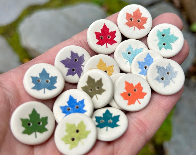 Maple Leaf Handcrafted Artisan Buttons-Porcelain Buttons-Canada button-Made In Canada by hand-pottery buttons-elbows out-Canada strong