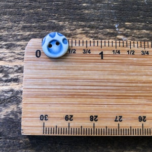May include: A blue and white ceramic button with two holes. The button is approximately 1/2 inch in diameter.
