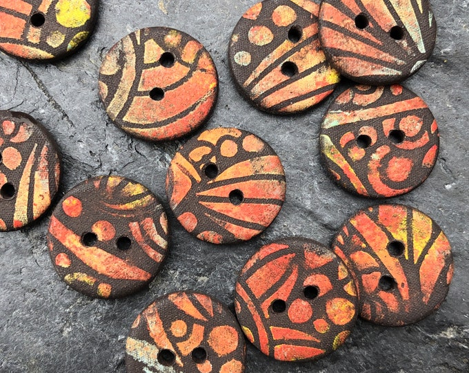 Passion Fire Handpainted Artisan Pottery Buttons-Handpainted buttons-multicolor buttons-orange buttons-Unique buttons-yellow orange button