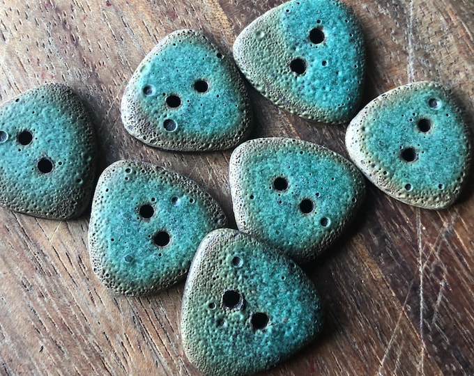 Rustic Green Copper Patina Artisan Button- medium  size-set of 7-triangle button-handmade button--green buttons-unique button-copper button