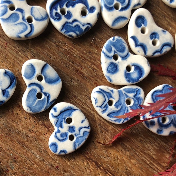 Blue Delft Heart Porcelain Buttons-Artisan Handmade buttons blue heart buttons-blue buttons-baby buttons-delft buttons-heart buttons