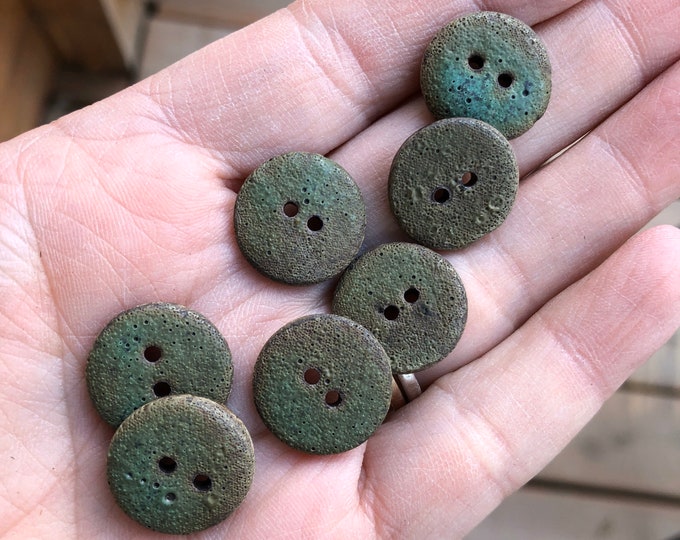 Set of 7 Green Copper Patina Artisan  Buttons- statement buttons- handmade buttons-ceramic buttons-green buttons-unique button-copper button