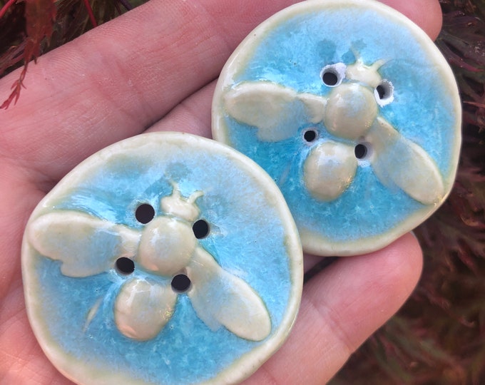 Porcelain Sky Blue Bee Artisan Button-focal button porcelain ceramic button- statement button Bee Notion knitting notion-Bee button