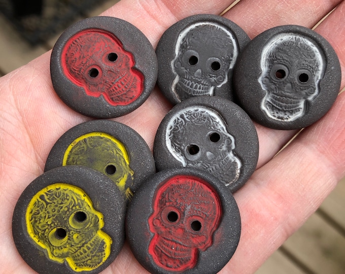 Skull Buttons-yellow skull three colours -Handmade Artisan Buttons-Pottery Buttons-day of the dead-ceramic buttons-red skull-white skull.