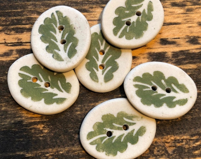 Set of 6 Oak Leaf Porcelain Buttons-Artisan buttons-green and white  button-leaf button-hand made button-pottery button-ceramic buttons