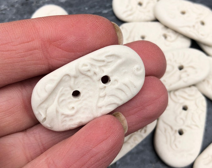 Ivory Porcelain Toggle Button Artisan Embossed button-White toggle button-coat button-white button ceramic button-pottery button-oval button