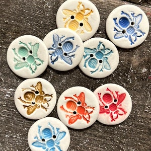 Bee Porcelain Artisan Round Buttons-bee buttons- red bee buttons- handmade buttons-delft buttons-blue and white buttons-ceramic button