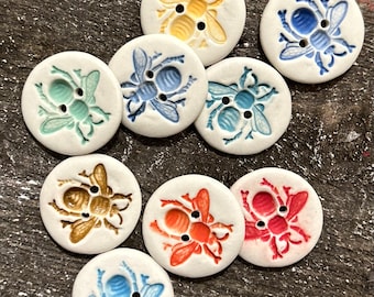 Bee Porcelain Artisan Round Buttons-bee buttons- red bee buttons- handmade buttons-delft buttons-blue and white buttons-ceramic button