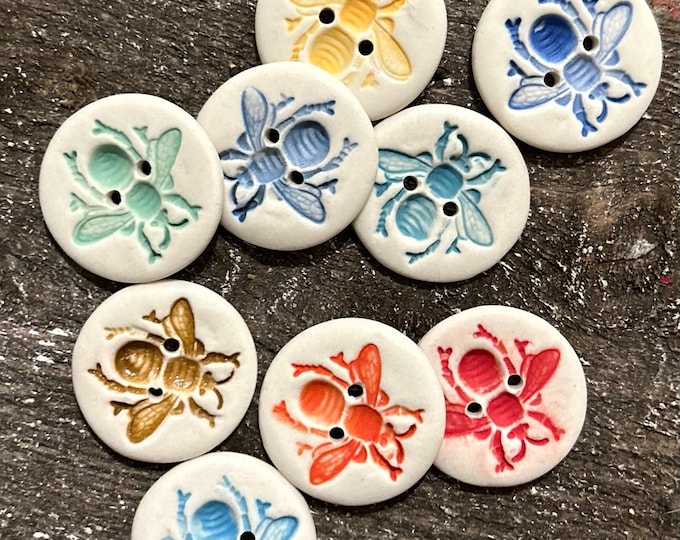 Bee Porcelain Artisan Round Buttons-bee buttons- red bee buttons- handmade buttons-delft buttons-blue and white buttons-ceramic button