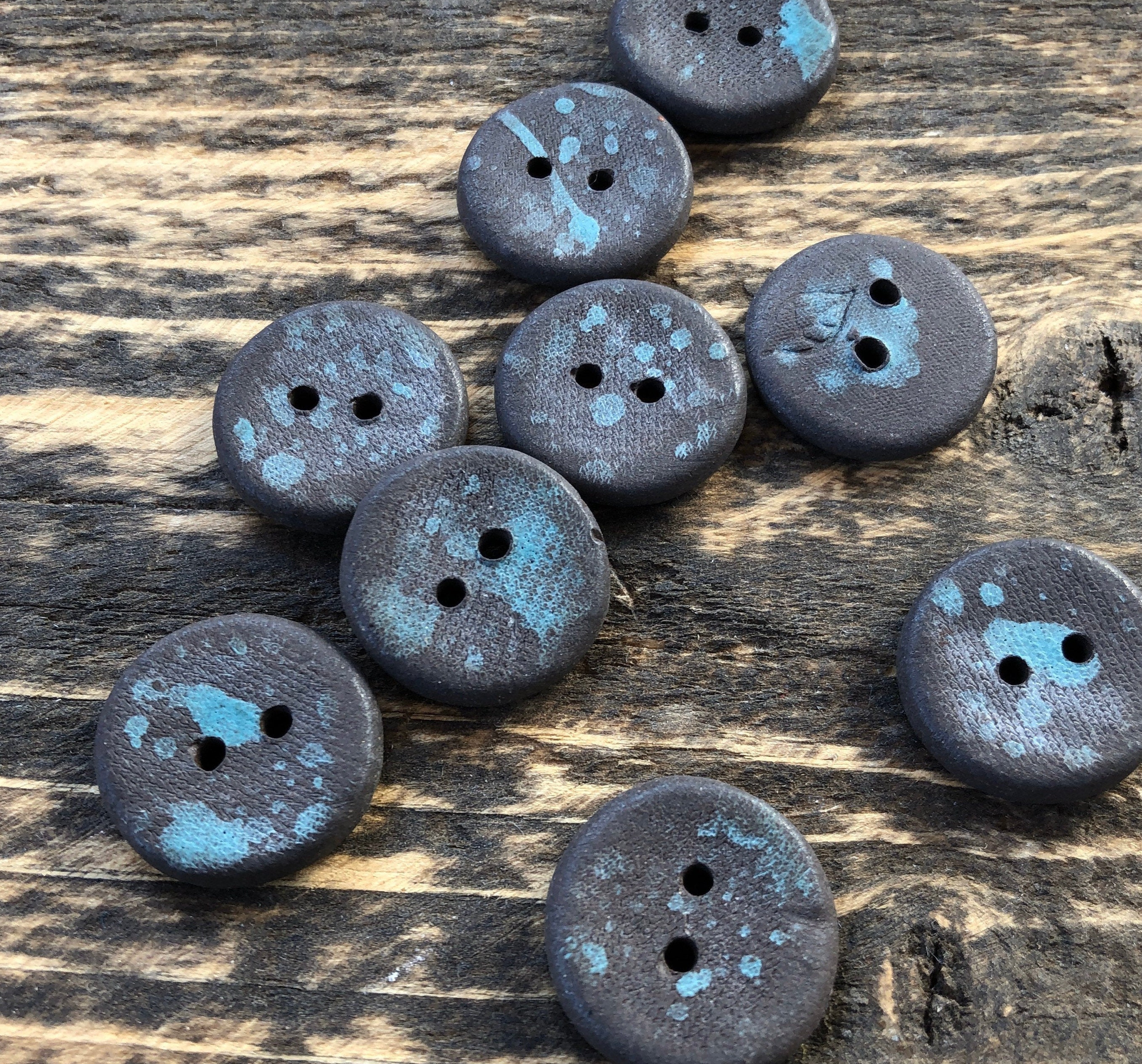 Set of 8 Black Ceramic with Turquoise Handpainted pottery buttonshand made buttonceramic