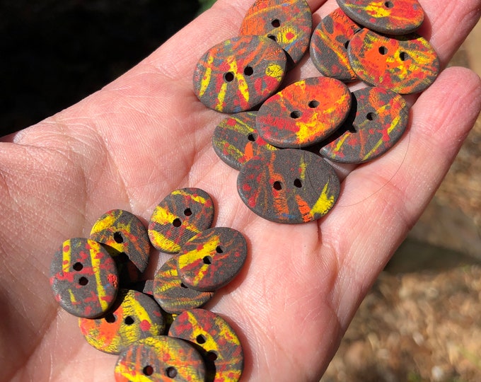 Blaze Handpainted Artisan Buttons-set- hand made ceramic buttons-pottery buttons-oval buttons-orange yellow buttons