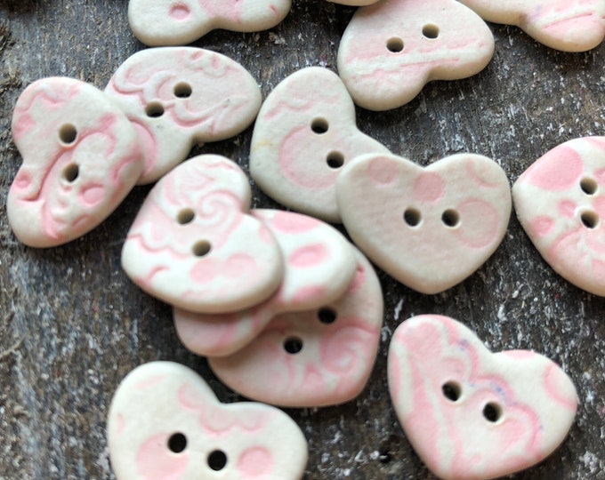 Pink Delft Heart Porcelain Buttons-Artisan Handmade pink buttons-pink heart buttons-pink buttons-baby buttons-delft buttons-