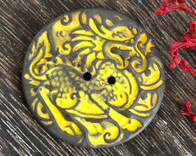 Yellow Dragon Button-Artisan button-ceramic button-dragon art-jewelry bead-handmade button-pottery button-dragon notion