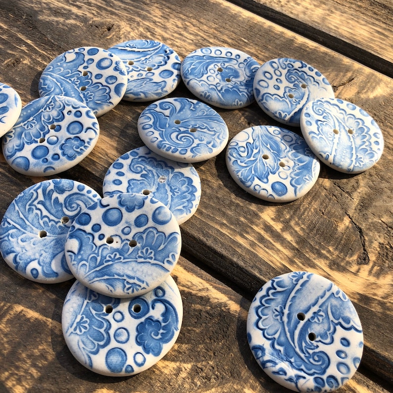 Blue Delft Buttons-Large Artisan Porcelain button-painted buttons-ceramic button-painted button-pottery button-blue button