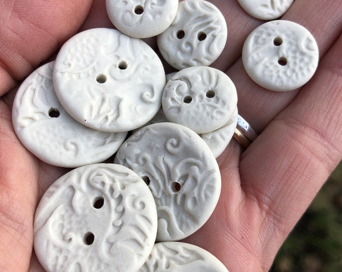 Ivory Embossed Porcelain Artisan Buttons-Handmade Buttons-Ceramic buttons-Pottery Buttons- Art Buttons-washable buttons-white buttons