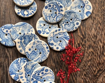 Blue Delft Buttons-Medium Artisan Porcelain button-painted buttons-ceramic button-painted button-pottery button-blue button