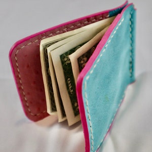 Money Clip Wallet | Blue with pink pocket | Handmade | Leather