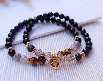 TOURMALINE QUARTZ BRACELET - Onyx Bracelet Set - Fall Crystal Bracelets - Fall Gemstone Bracelets - Crystal Stretch Bracelets