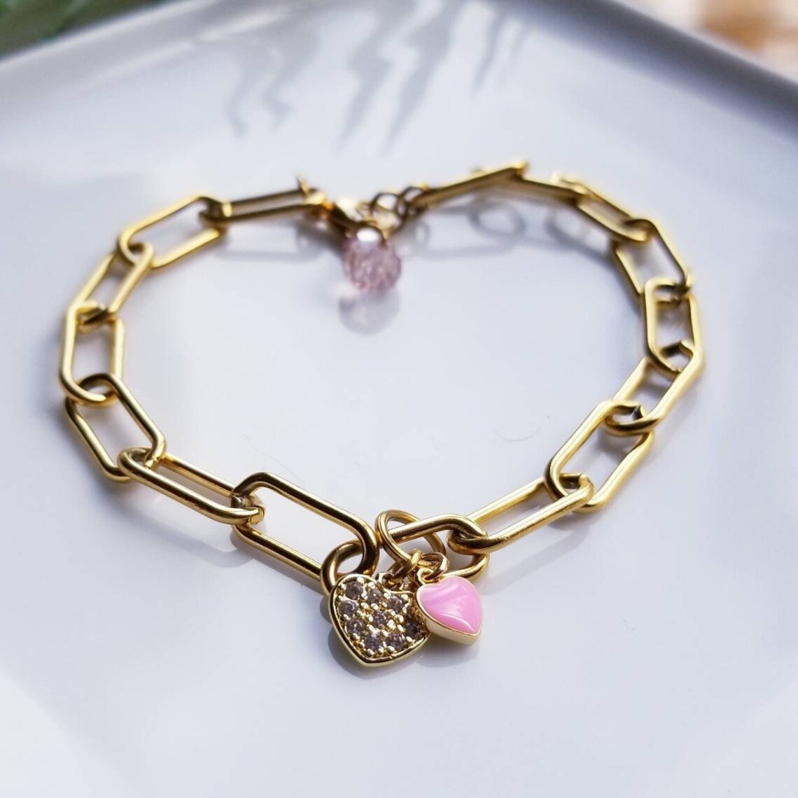 PAPERCLIP CHARM BRACELET Heart Charmed Gold Plated Steel Etsy