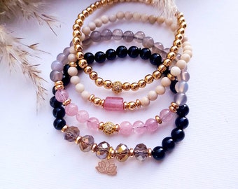 STRAWBERRY QUARTZ BRACELET - Crystal Bracelet Set - Dainty Bracelet - Grey Agate - Riverstone - Onyx -  Gemstone Bracelets - Gift For Her