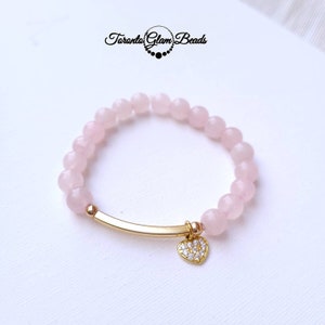 ROSE QUARTZ BRACELET - Self Love Bracelets - Pink Beaded Bracelet -  Heart Charmed Crystal Bracelets - Gemstone Stretch Bracelet - For Her