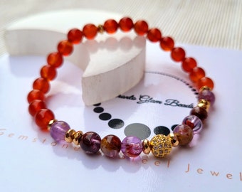 CARNELIAN CRYSTAL BRACELET - Phantom Quartz Bracelet - Super 7 Bracelet - Gemstone Bracelet - Purple Crystal Bracelet - Stretch Bracelet