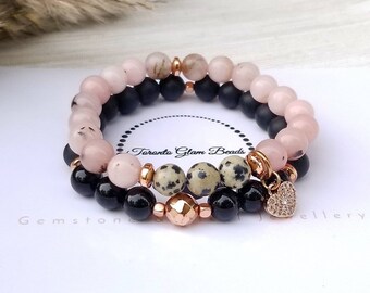 CHERRY BLOSSOM JASPER - Dalmatian Jasper - Onyx  Bracelet Set - Heart Charmed - Gemstone Bracelet - Crystal Bracelet For Women - Layered