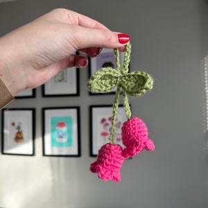 Hanging Bell Flower | crochet, handmade, blue, yellow, pink, Car plant, rearview mirror, Crochet Hanging flower, hanging plant for car decor