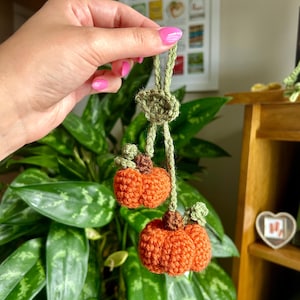 May include: Two crocheted orange pumpkins with green leaves hanging from a green crocheted loop.