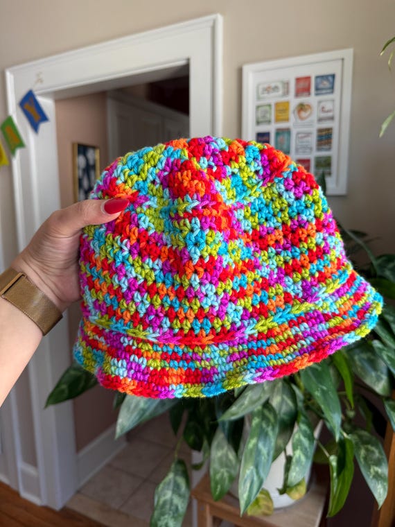 Multicolor Hand Crafted Crochet Bucket Hat Crochet Granny Square Hat, Ready to Ship Colorful Bucket Hat  main image 4