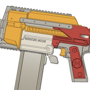 Puede incluir: Una ilustración detallada de una pistola de juguete gris, roja y amarilla con el texto "MEAKER MK16" en el lateral. La pistola tiene un cargador, una mira y un mango.