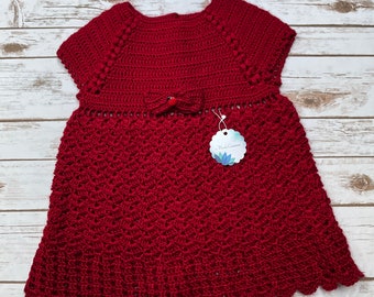 Red Girls Crochet Dress - Crochet Dress with Bow and Ladybug Buttons