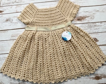 Handmade Girls Crochet Dress  - Beige with Ribbon & Sunflower Buttons