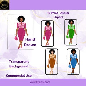 Hand Drawn- Black Girl | Elegant Lady Clipart | Elegant Fashion Illustrations | Transparent PNGs, Diverse Skin Tones & Colours - Boss Girls